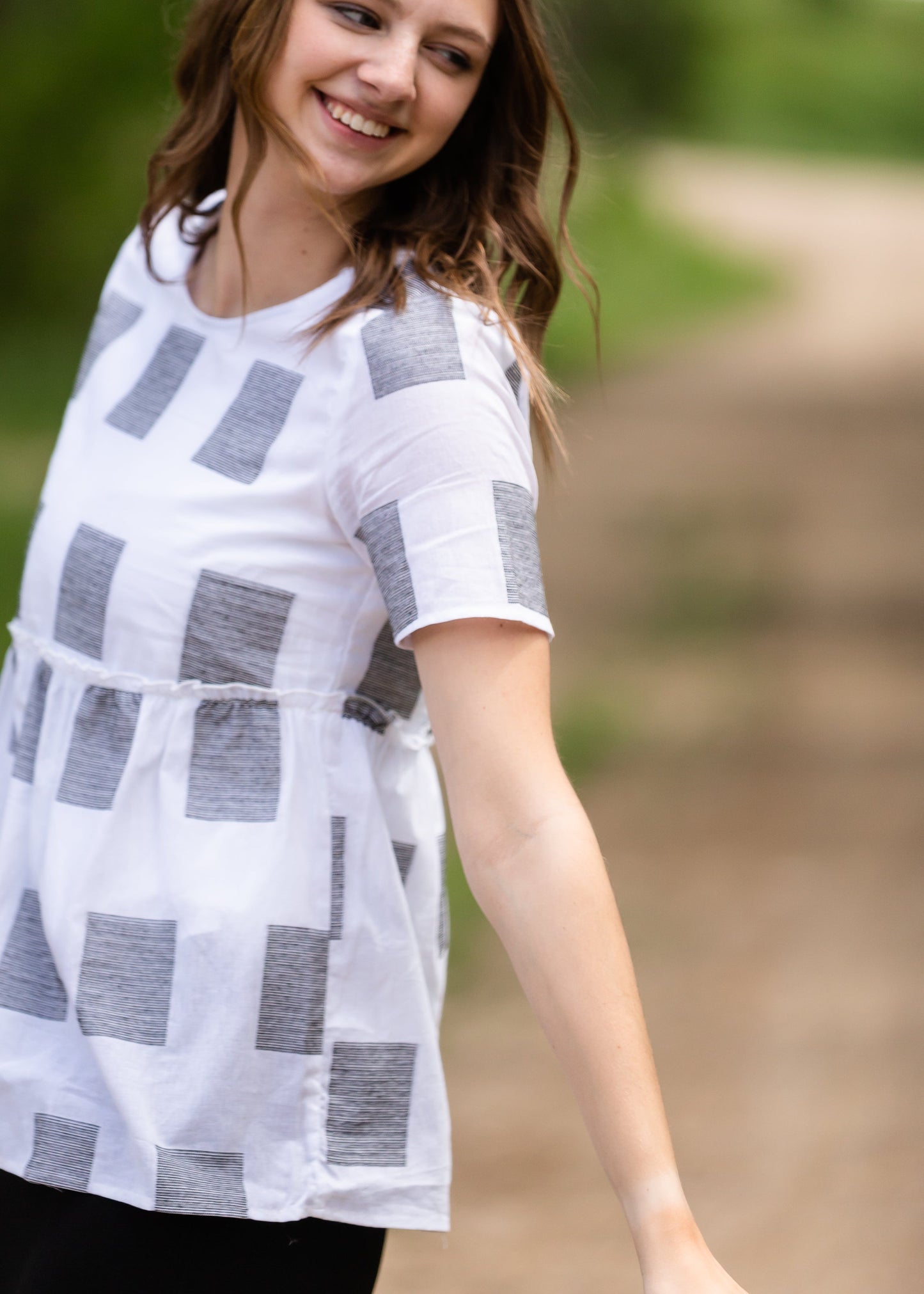 Square Print Peplum Short Sleeve Top - FINAL SALE Tops