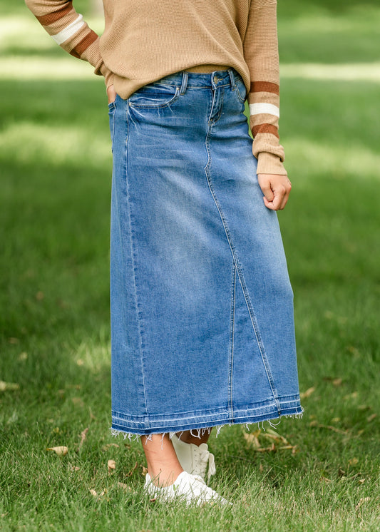 Stacy Raw Hem Long Denim Skirt IC Skirts