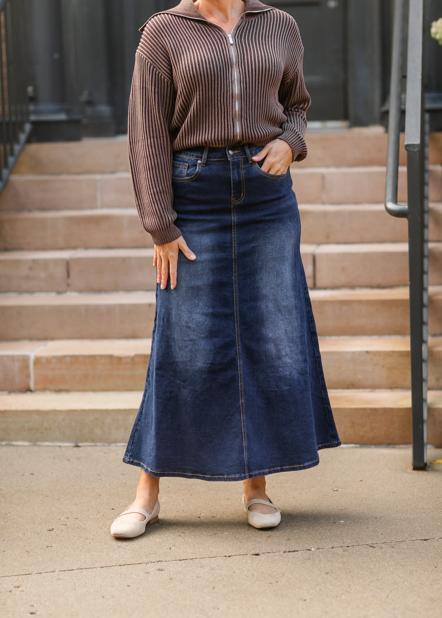 Stretchy A-line Dark Wash Denim Skirt FF Skirts