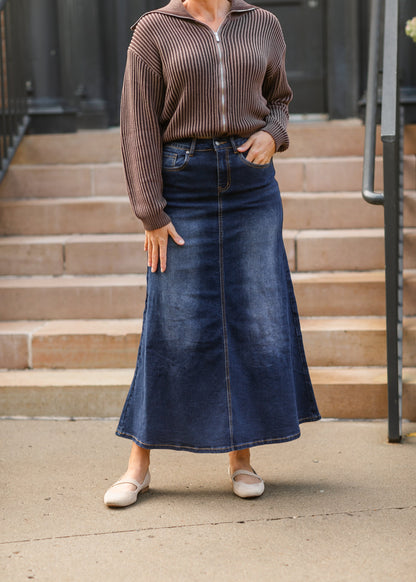 Stretchy A-line Dark Wash Denim Skirt FF Skirts