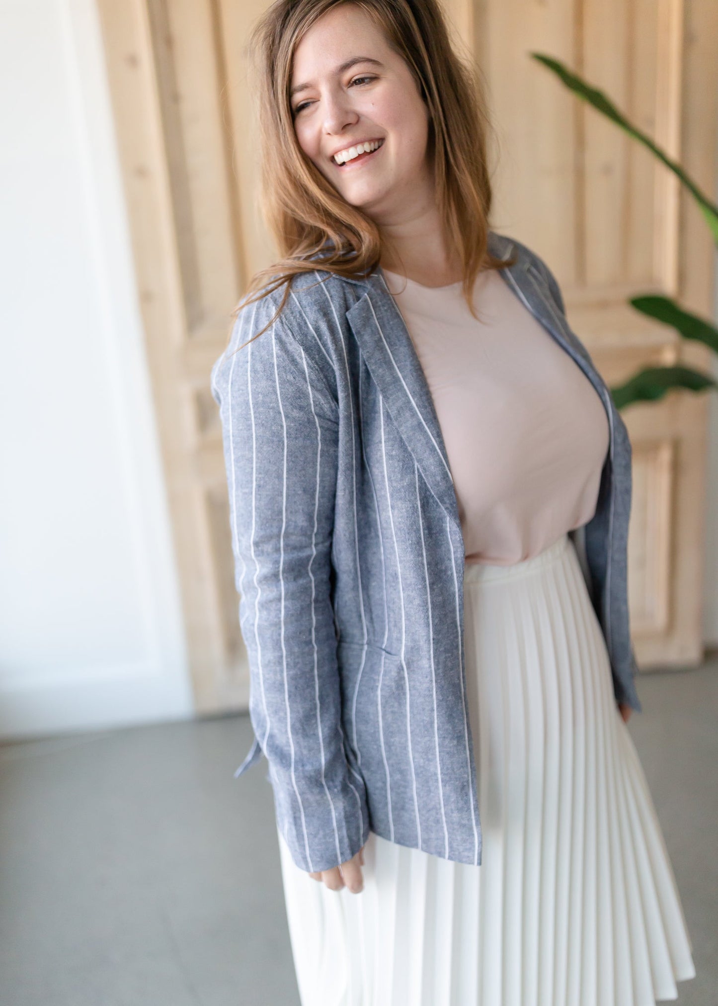 Stripe Chambray + Ivory Linen Blazer Tops