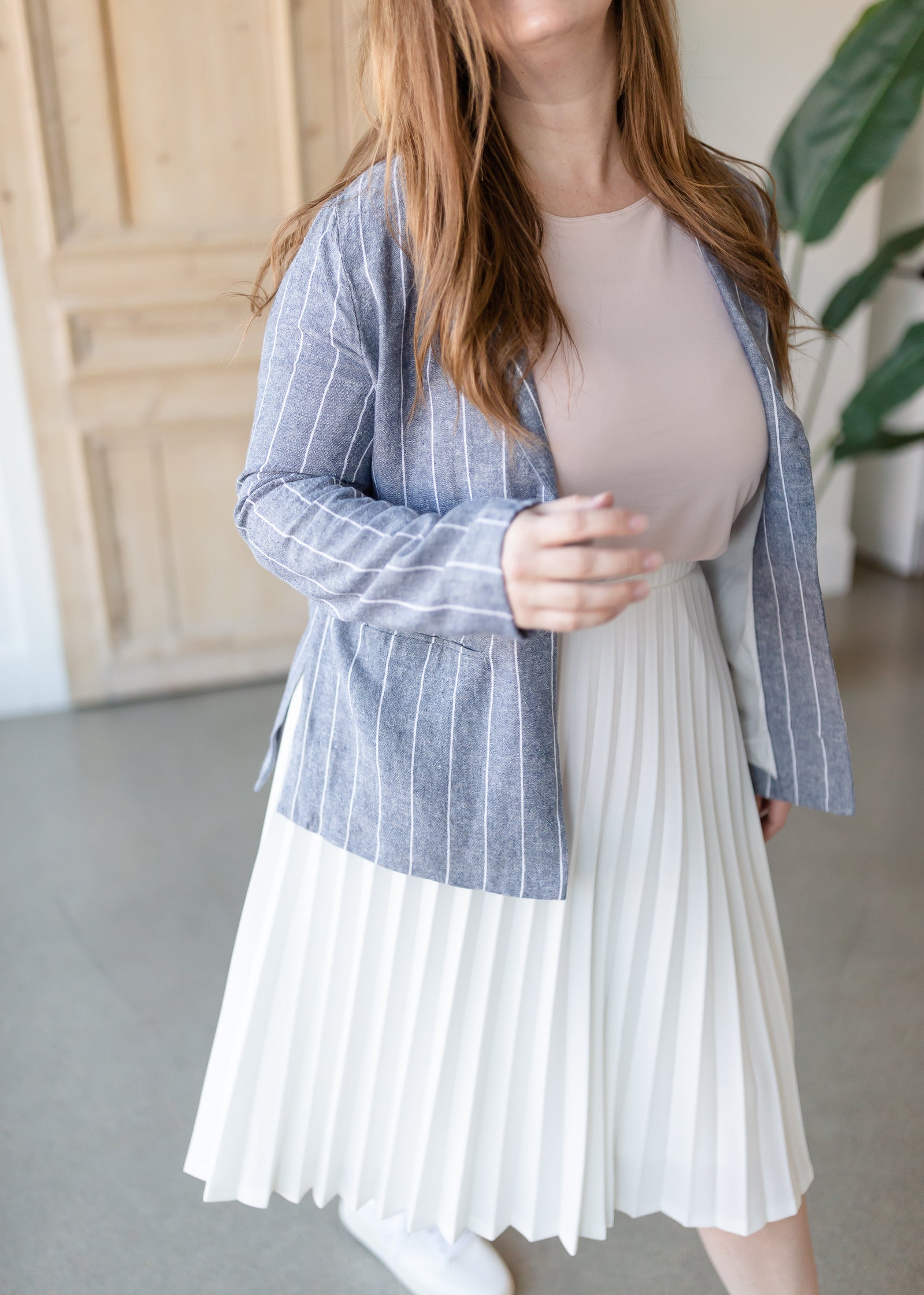 Stripe Chambray + Ivory Linen Blazer Tops