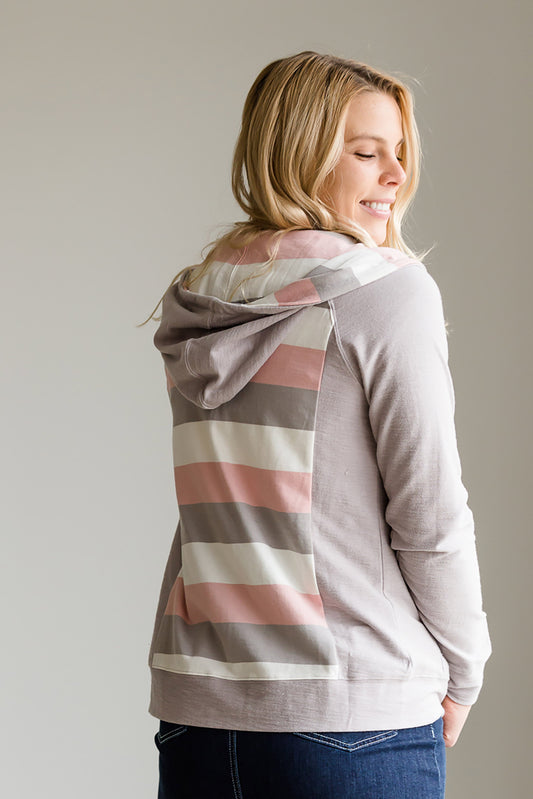 Striped Back Zip Up Hooded Sweatshirt - FINAL SALE Tops