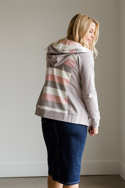 Striped Back Zip Up Hooded Sweatshirt - FINAL SALE Tops