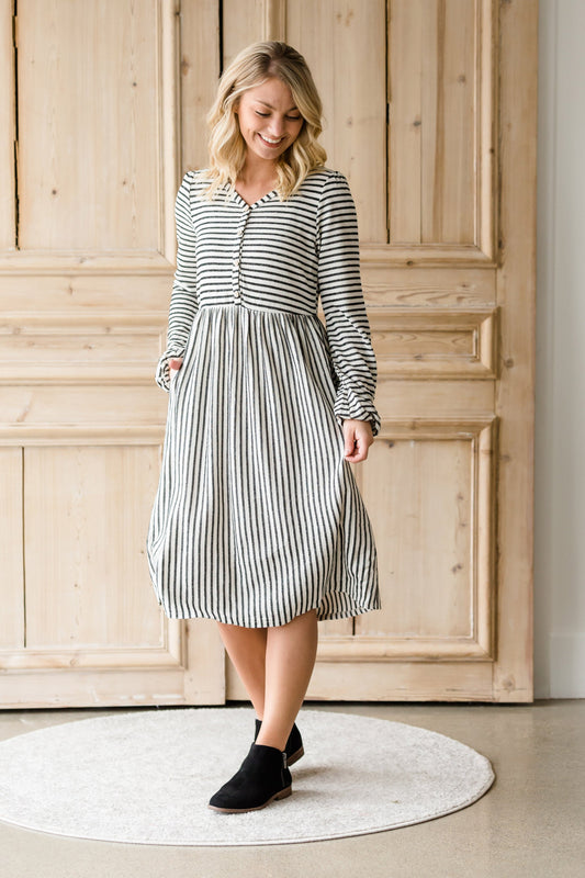 Striped Balloon Sleeve Midi Dress - FINAL SALE Dresses