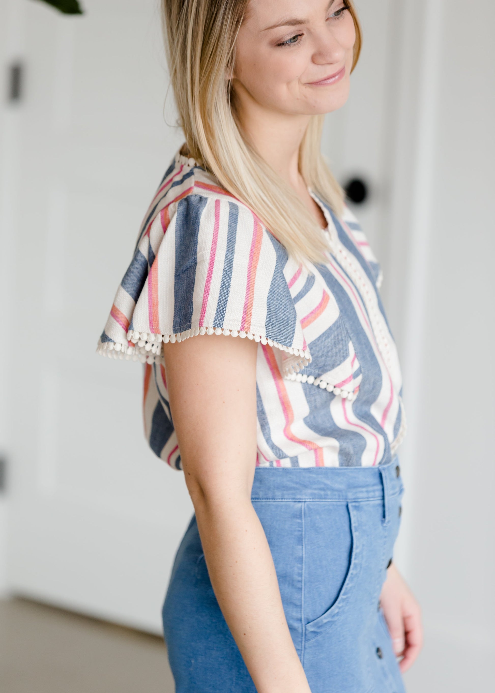 Striped Blue Flutter Sleeve Top - FINAL SALE Tops