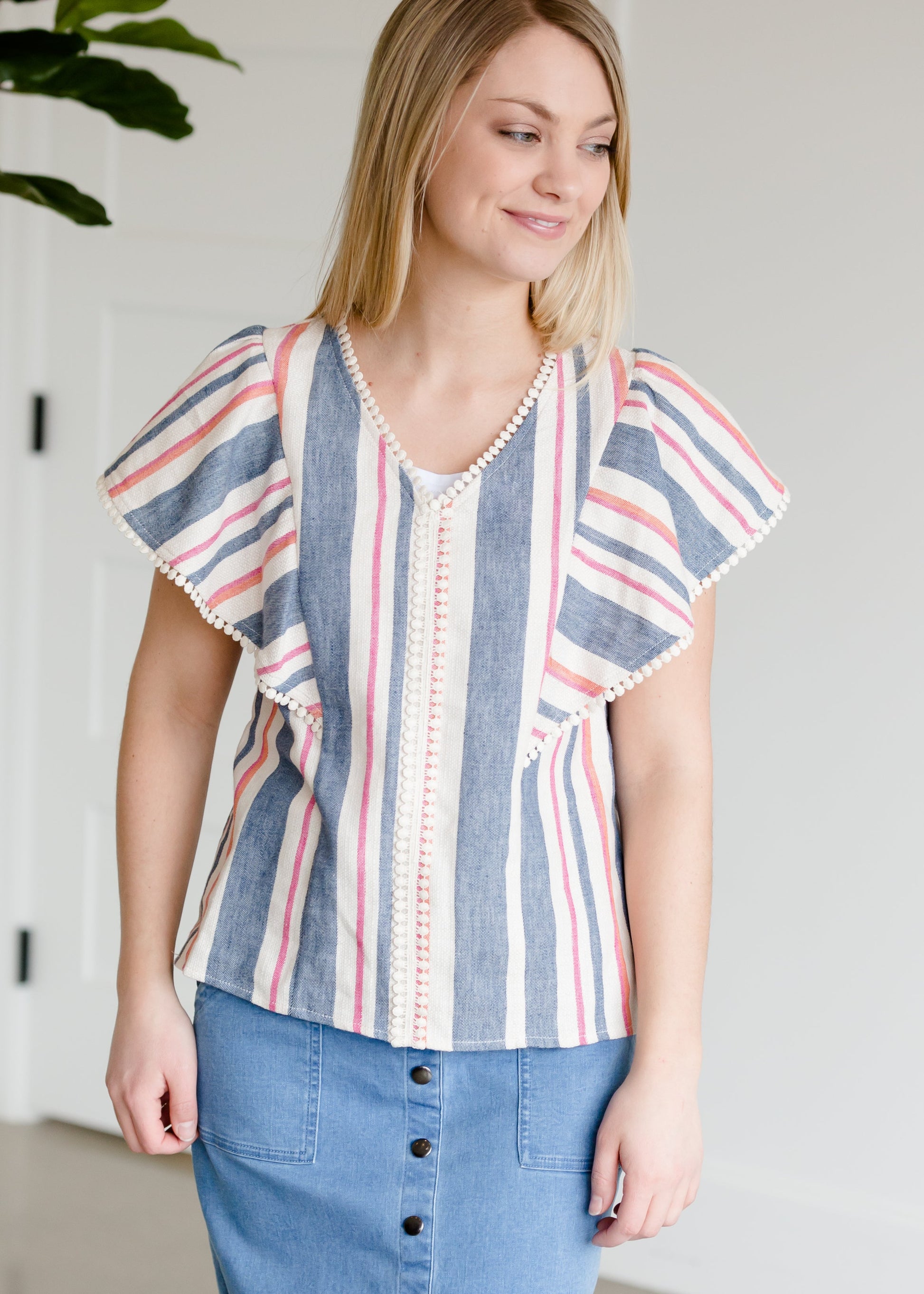 Striped Blue Flutter Sleeve Top - FINAL SALE Tops