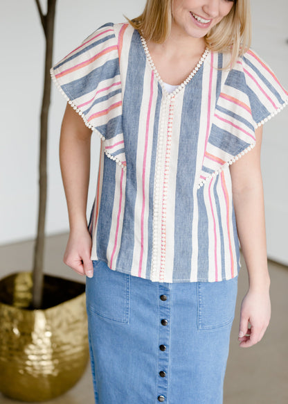 Striped Blue Flutter Sleeve Top - FINAL SALE Tops