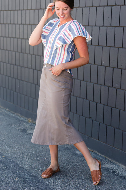 Striped Blue Flutter Sleeve Top - FINAL SALE Tops