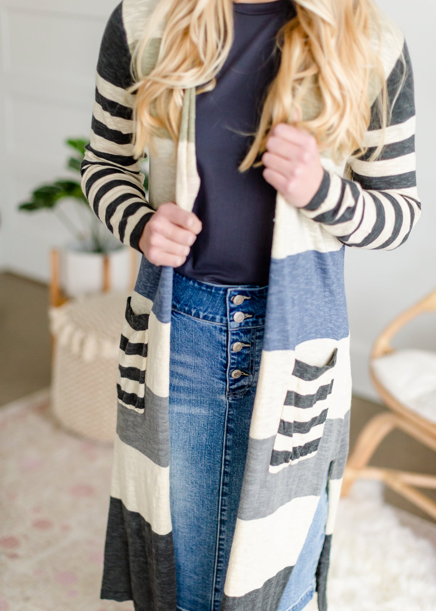 Striped Denim Gray Duster Cardigan Tops