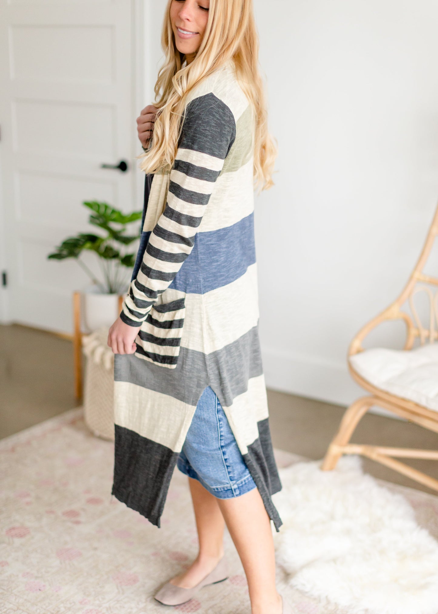 Striped Denim Gray Duster Cardigan Tops