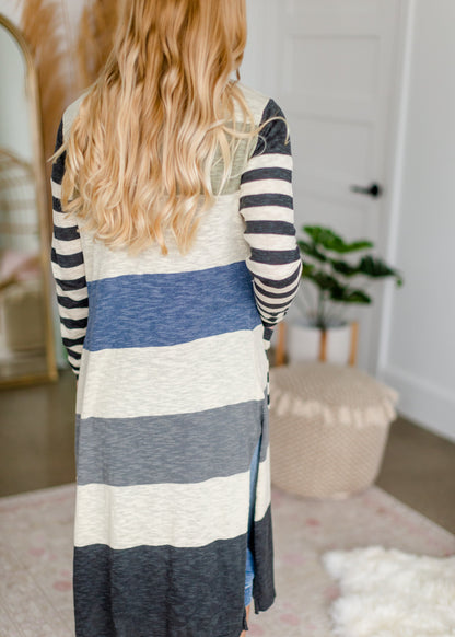 Striped Denim Gray Duster Cardigan Tops