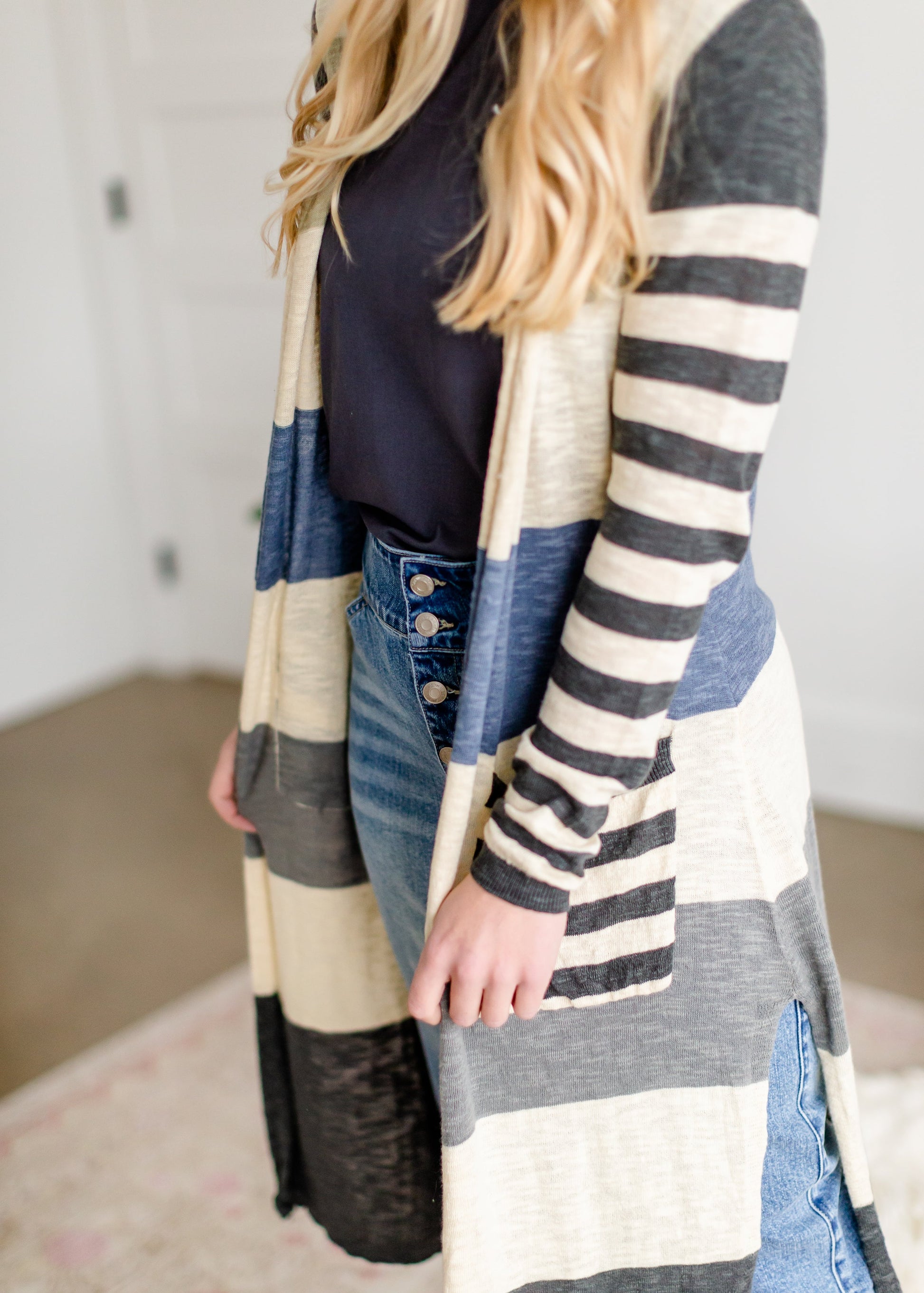 Striped Denim Gray Duster Cardigan Tops