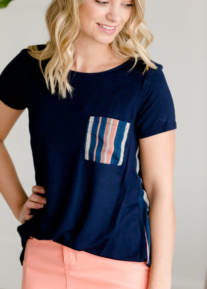 Striped Detail Navy Top Tops