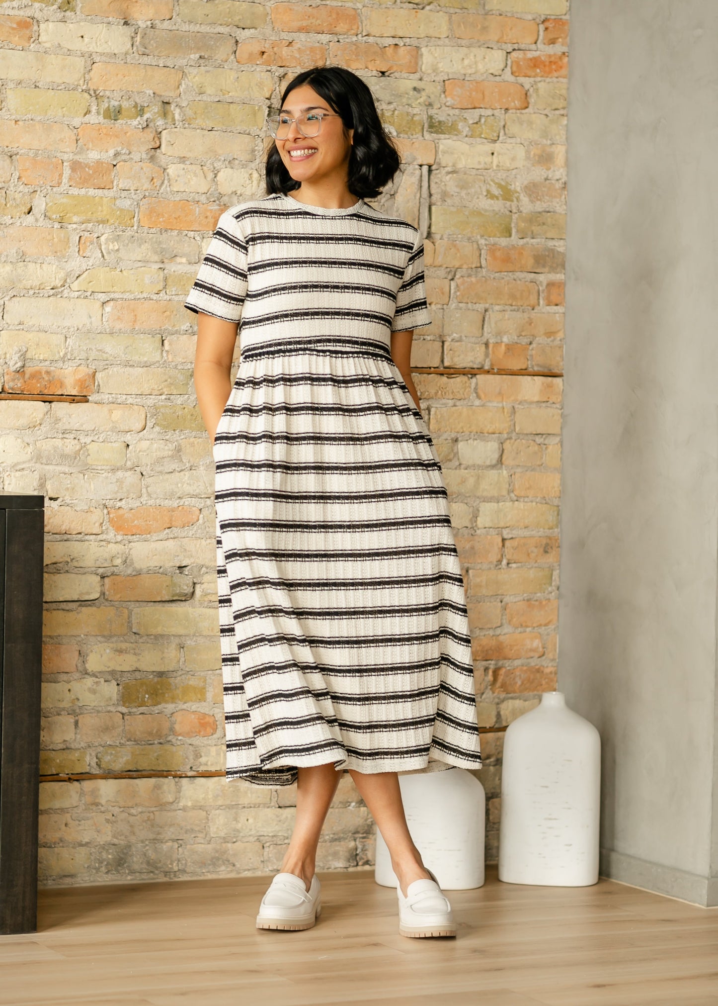 Striped Knit Crewneck Dress FF Dresses