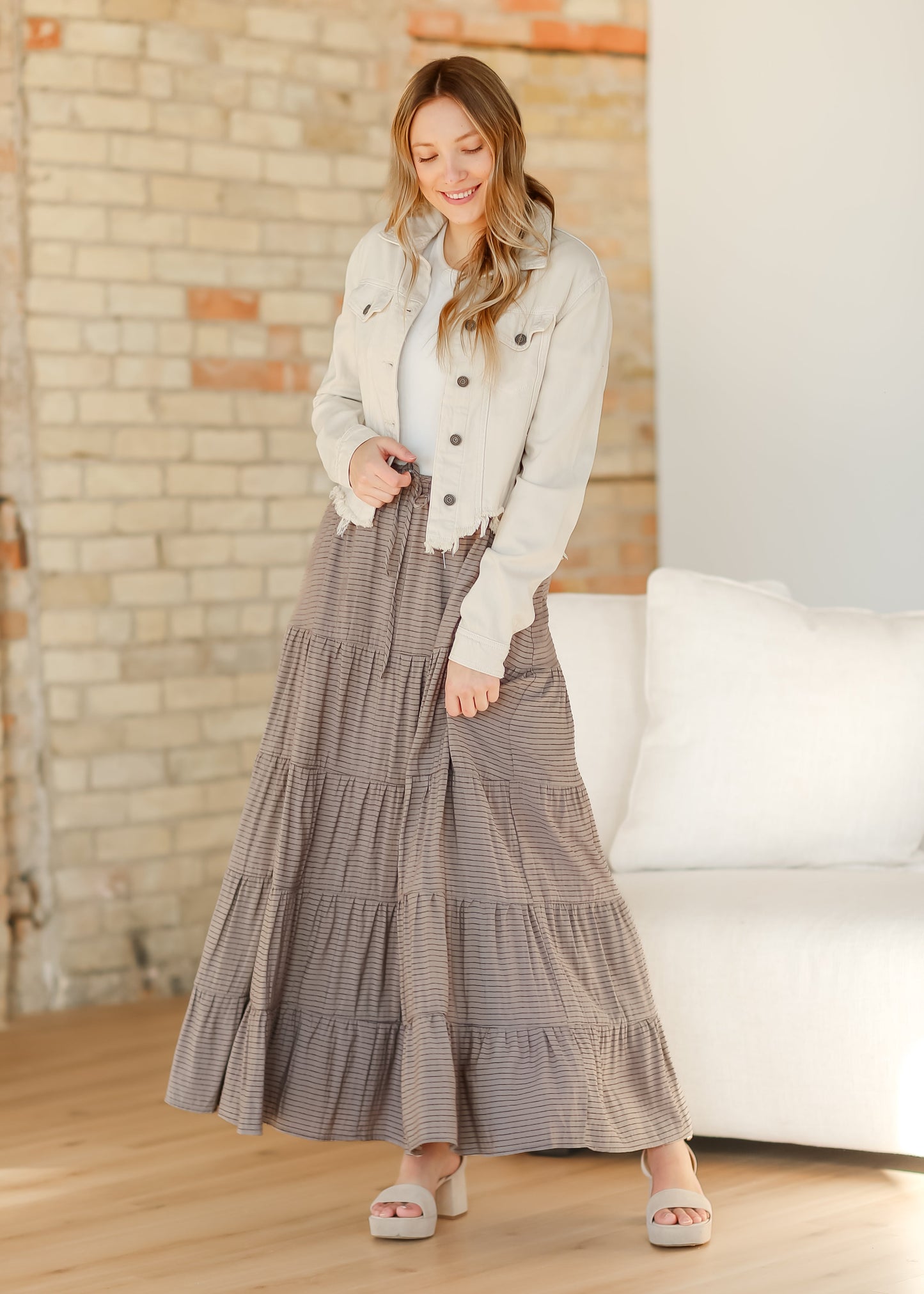 Striped Pull-on Tiered Maxi Skirt FF Skirts