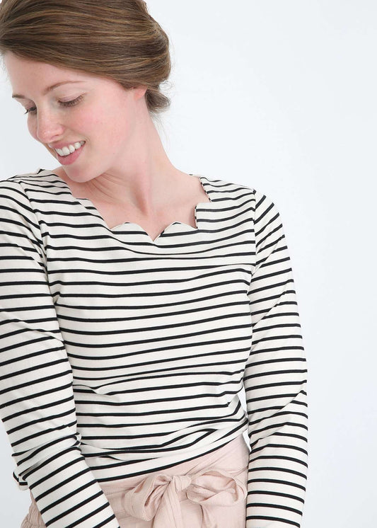 Striped Scallop Neck Top Tops