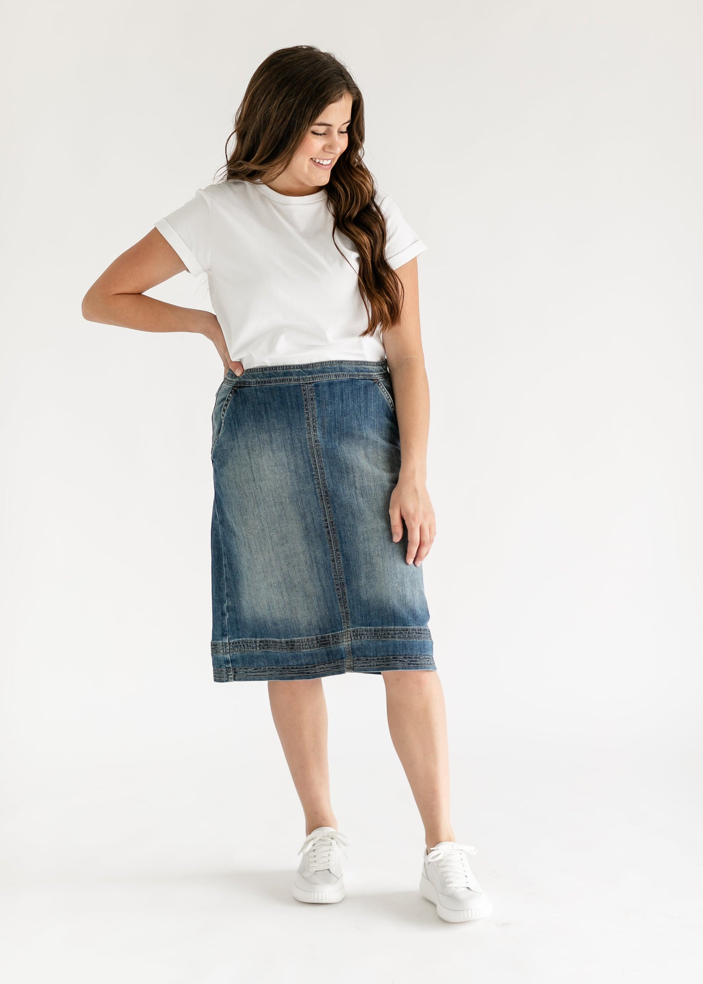 Sutton Side Zip A-line Denim Midi Skirt IC Skirts