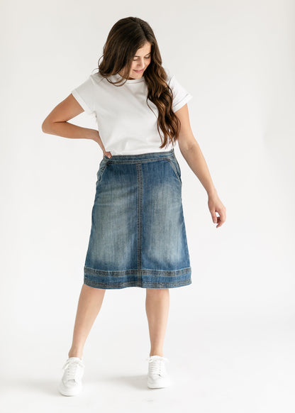 Sutton Side Zip A-line Denim Midi Skirt IC Skirts