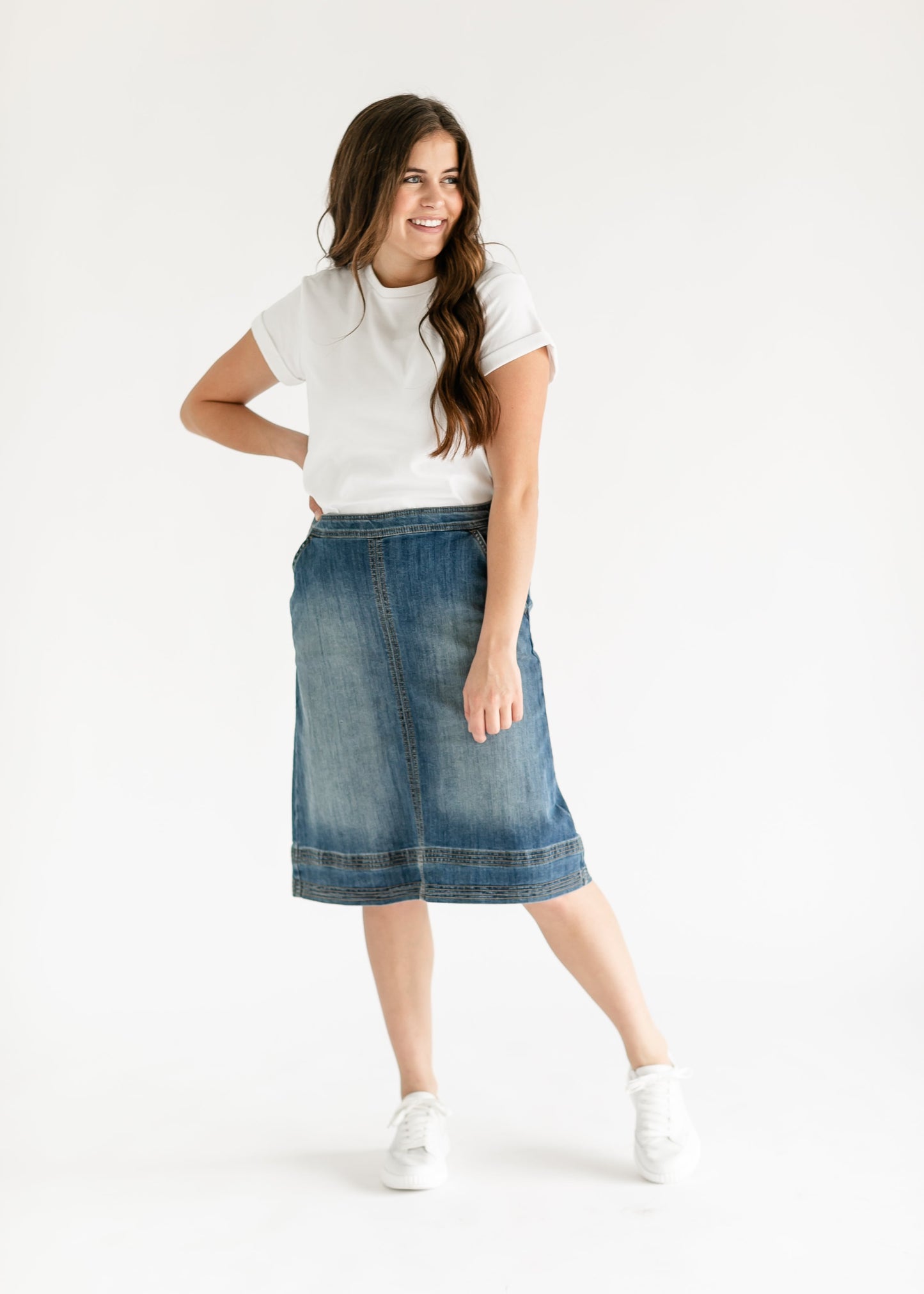 Sutton Side Zip A-line Denim Midi Skirt IC Skirts