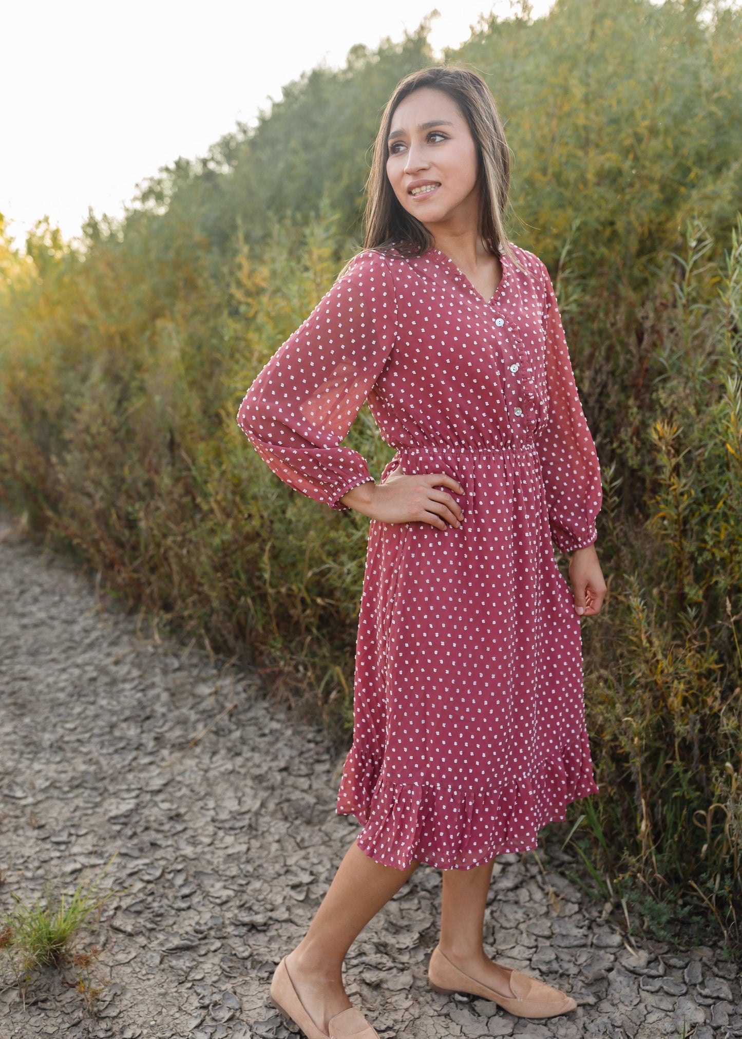 Swiss Dot Terracotta 3/4 Sleeve Midi Dress - FINAL SALE Dresses