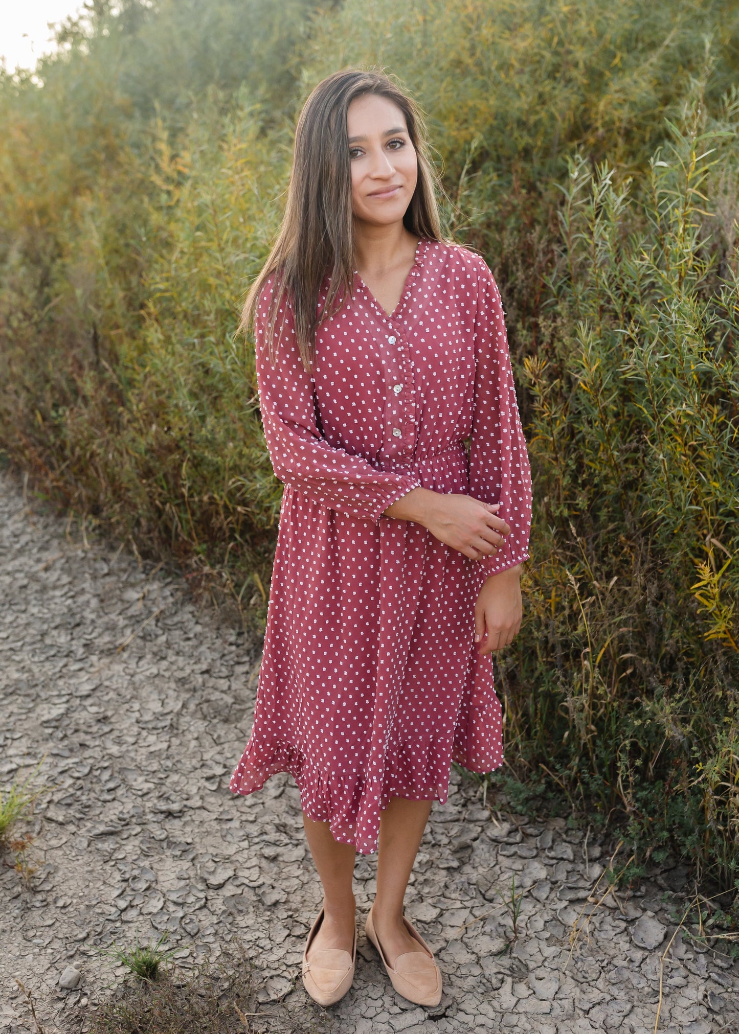 Swiss Dot Terracotta 3/4 Sleeve Midi Dress - FINAL SALE Dresses