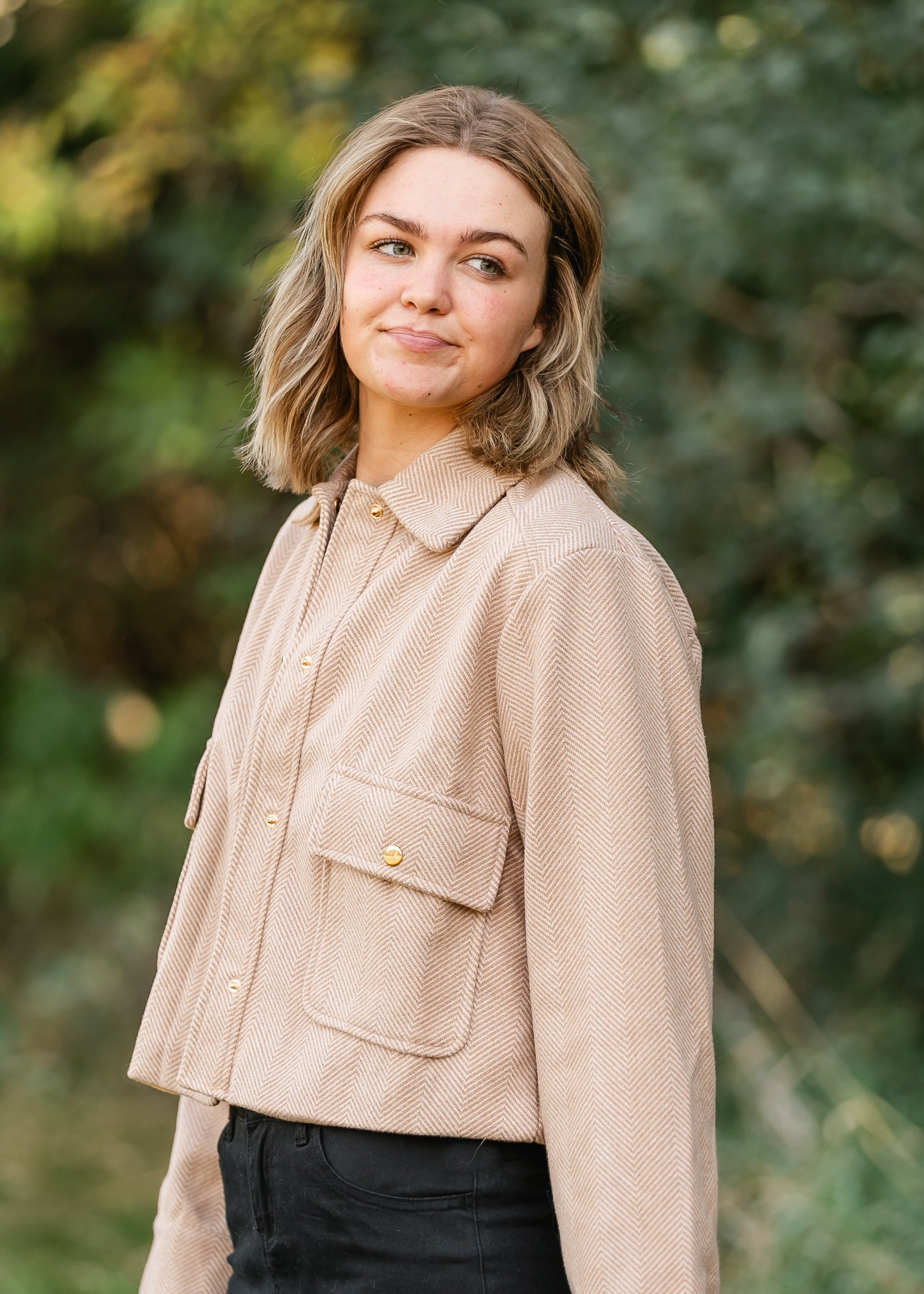 Sylvie Herringbone Crop Snap Up Jacket FF Tops