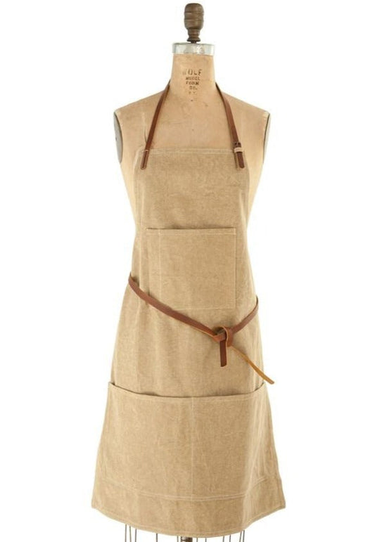 Tan Cotton Leather Trim Apron Home + Lifestyle