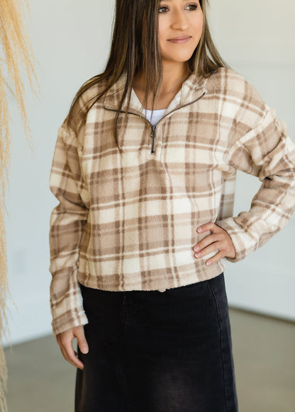 Taupe Checkered Fleece Half Zip - FINAL SALE Tops