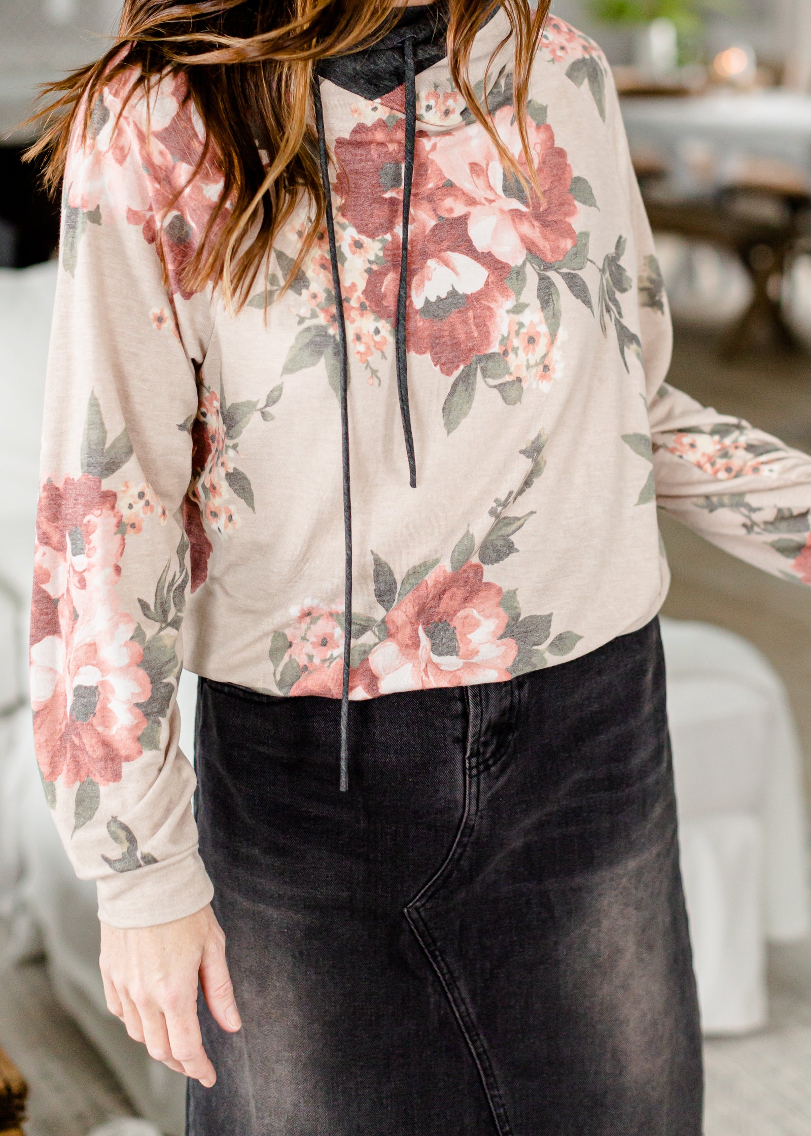 Taupe Floral Color Block Hoodie - FINAL SALE Tops