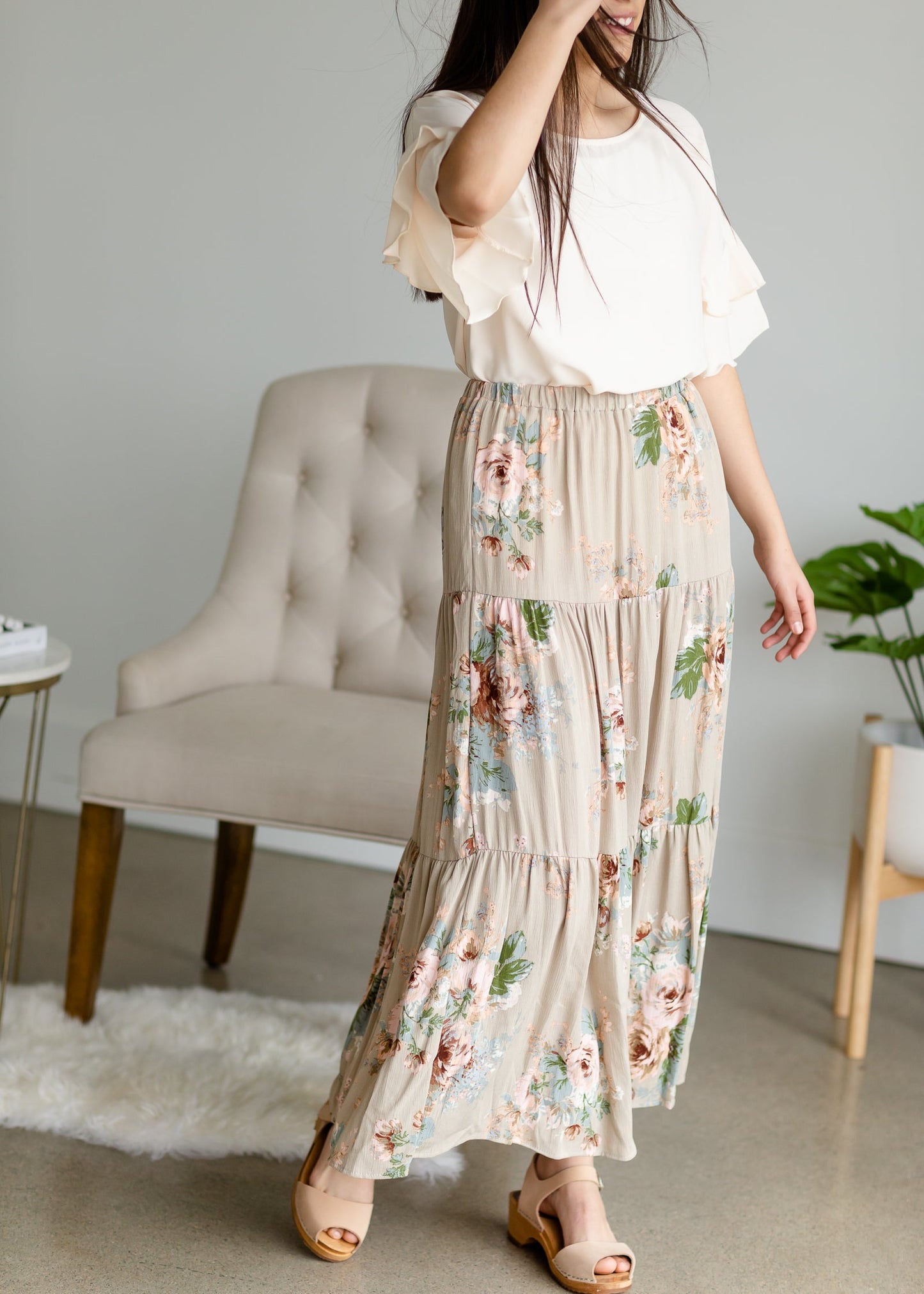 Taupe Floral Print Tiered Skirt Skirts