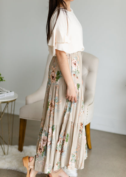 Taupe Floral Print Tiered Skirt Skirts