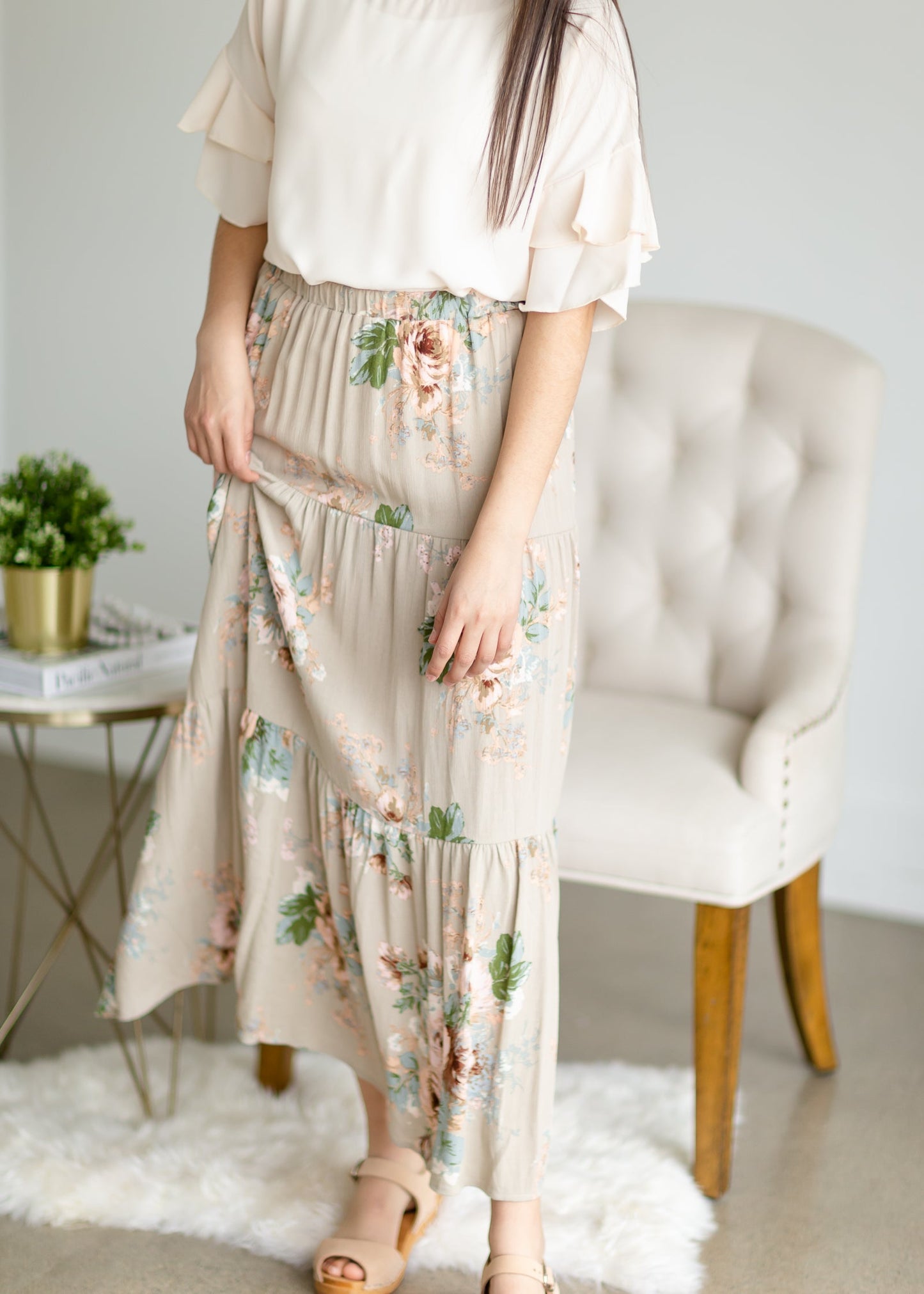 Taupe Floral Print Tiered Skirt Skirts