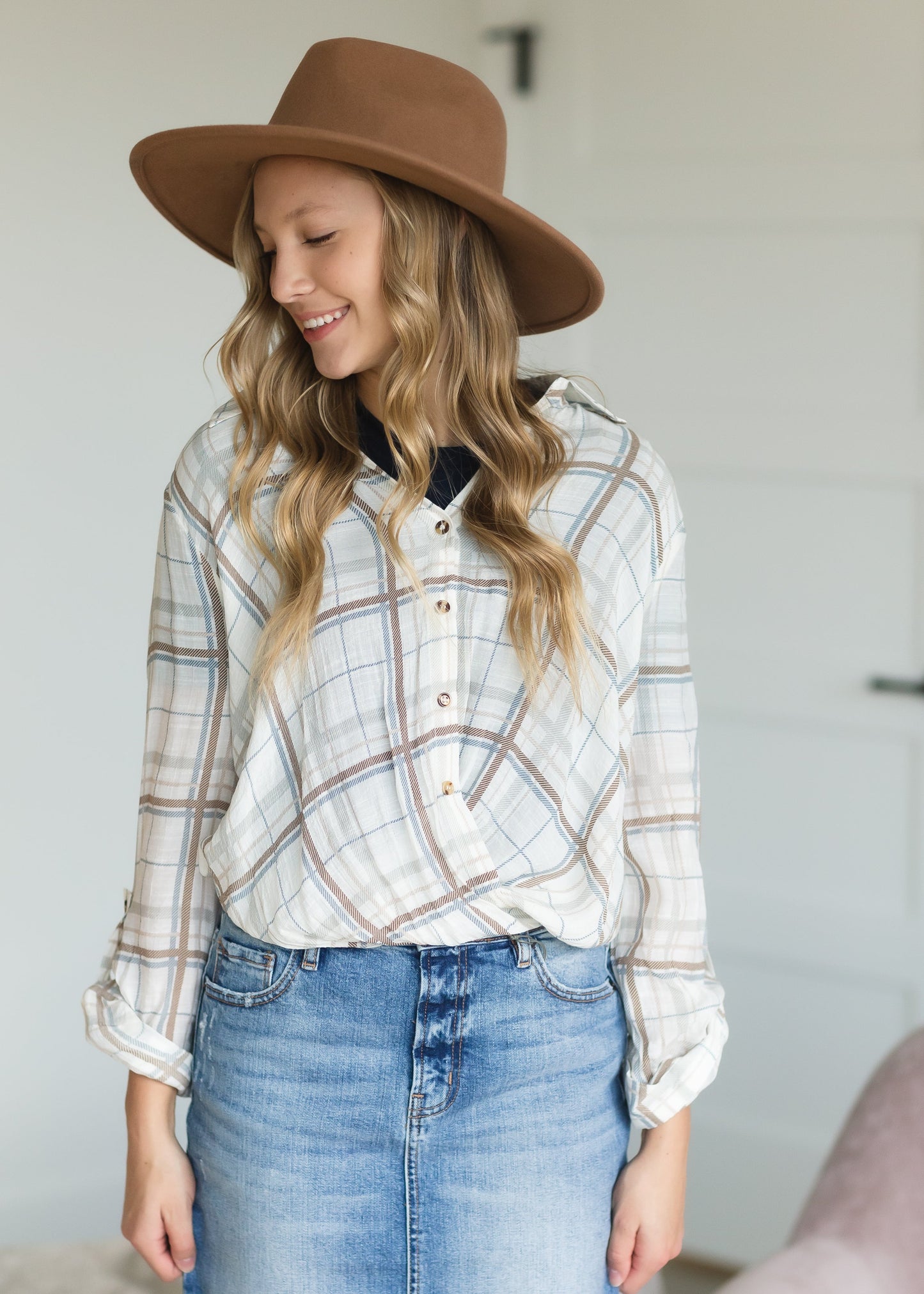 Taupe Plaid Front Knot Top - FINAL SALE Tops