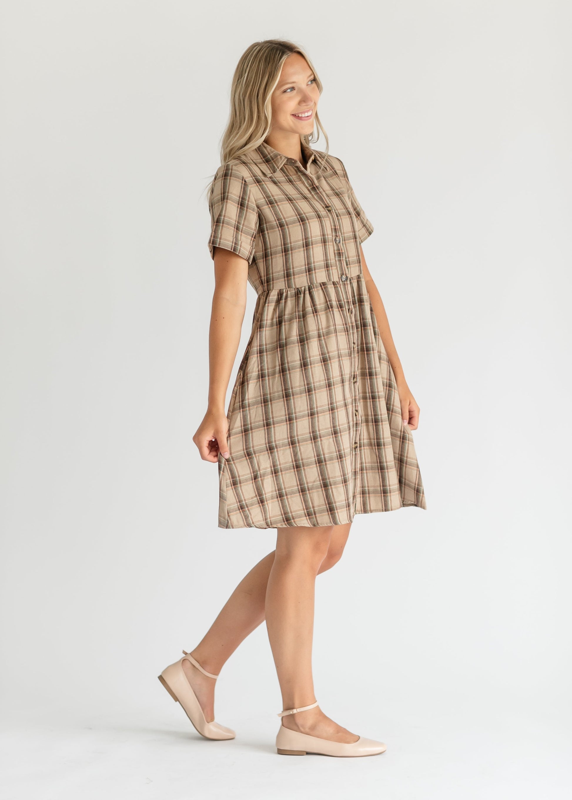 Taupe Plaid Short Sleeve Midi Dress FF Dresses