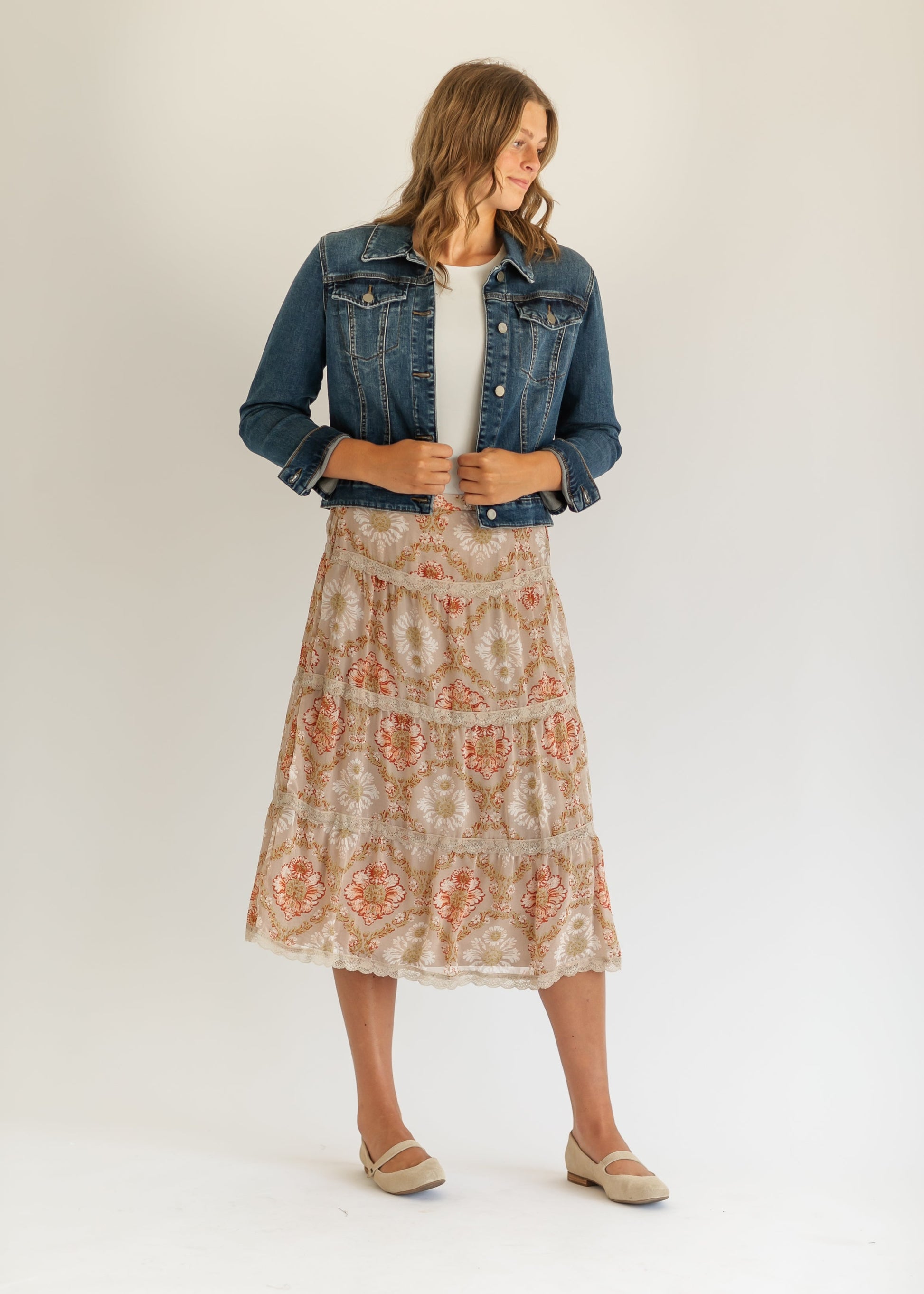 Taupe Printed Lace-Trimmed Midi Skirt FF Skirts