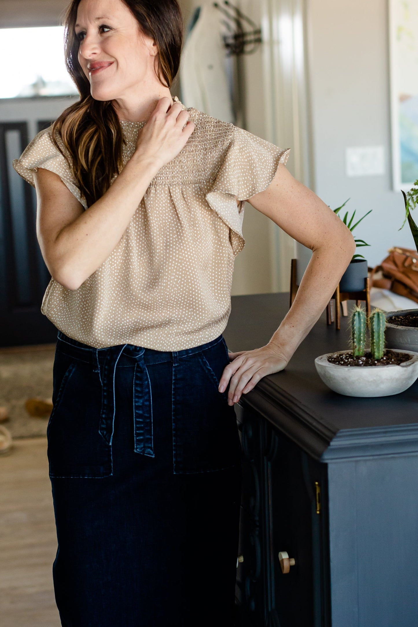 Taupe Smocked Neck Printed Blouse - FINAL SALE Tops