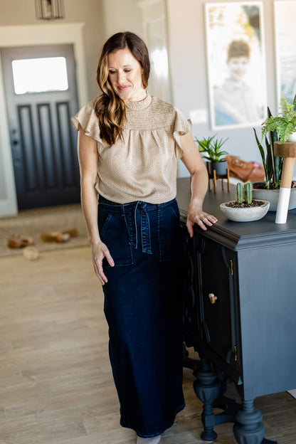 Taupe Smocked Neck Printed Blouse - FINAL SALE Tops