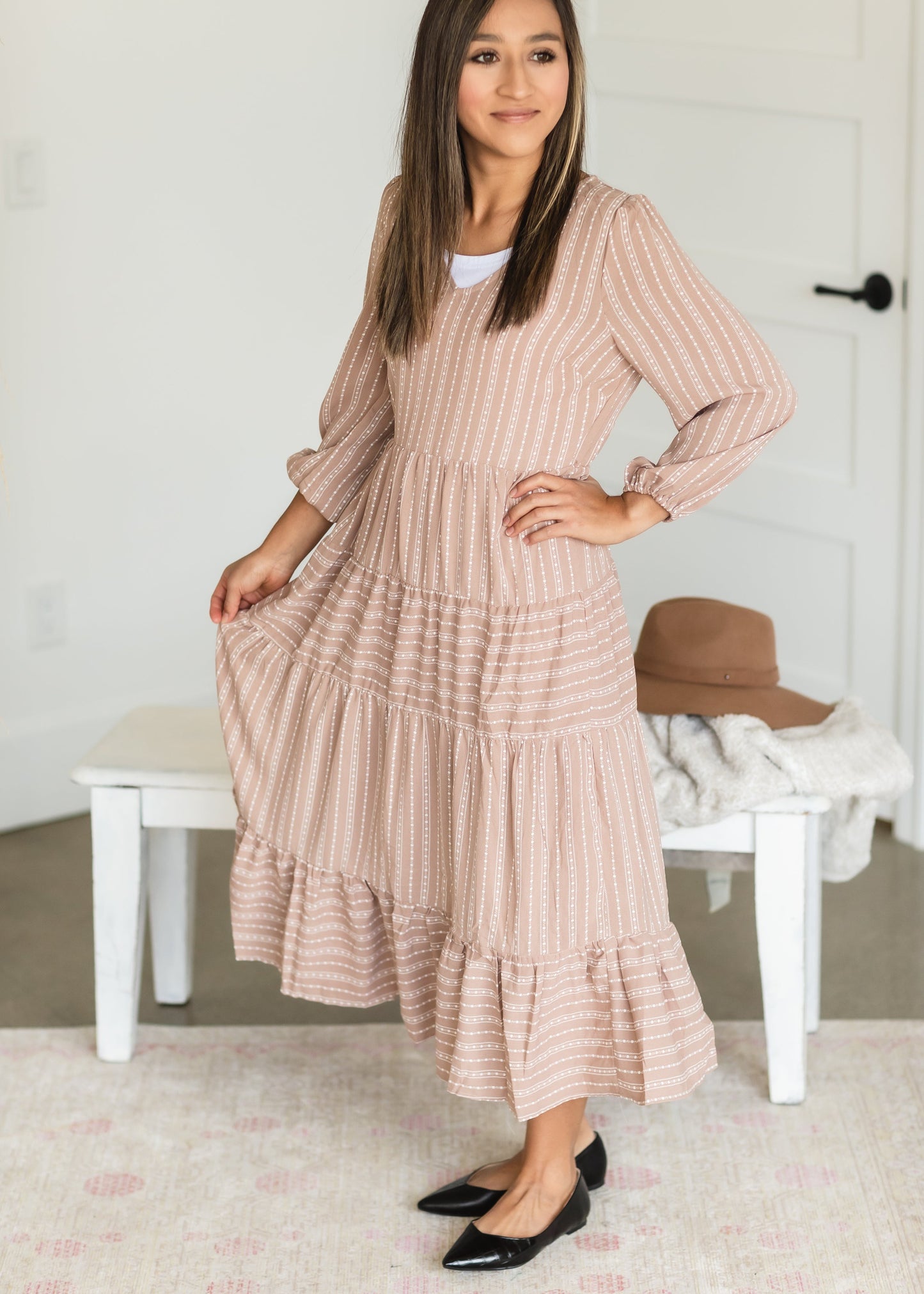 Taupe V Neck Tiered Midi Dress - FINAL SALE Dresses