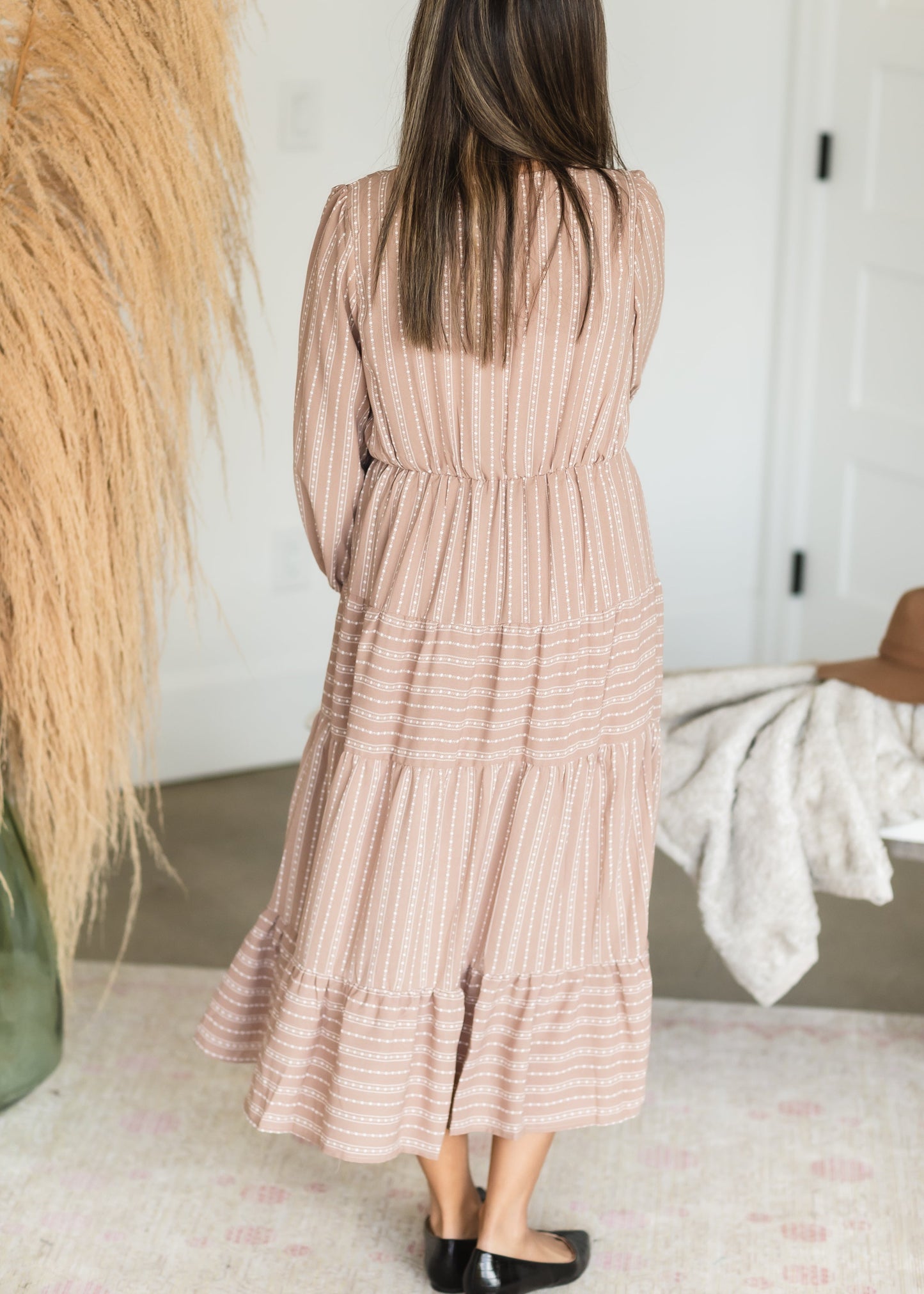 Taupe V Neck Tiered Midi Dress - FINAL SALE Dresses