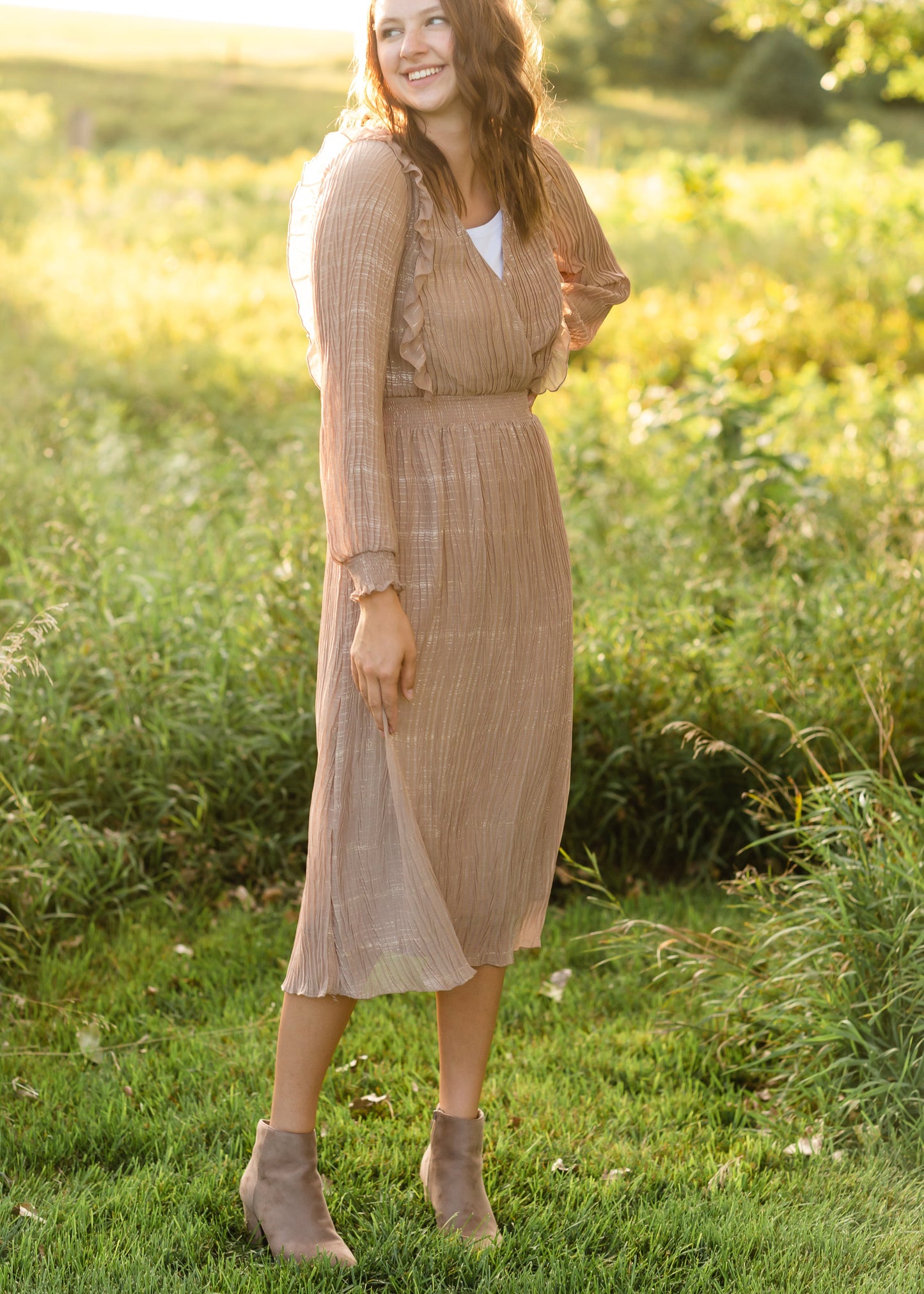 Taupe Woven Pleated Chiffon Midi Dress - FINAL SALE Dresses