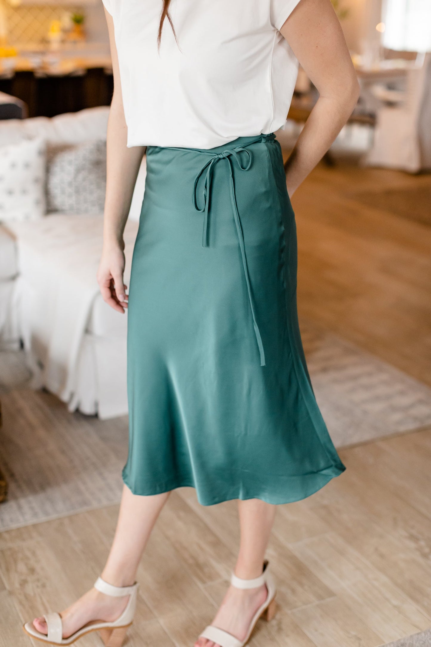 Teal Belted Satin Midi Skirt - FINAL SALE Skirts