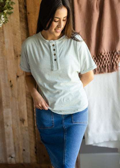 Teal Pinstripe Button Up Tee - FINAL SALE Tops