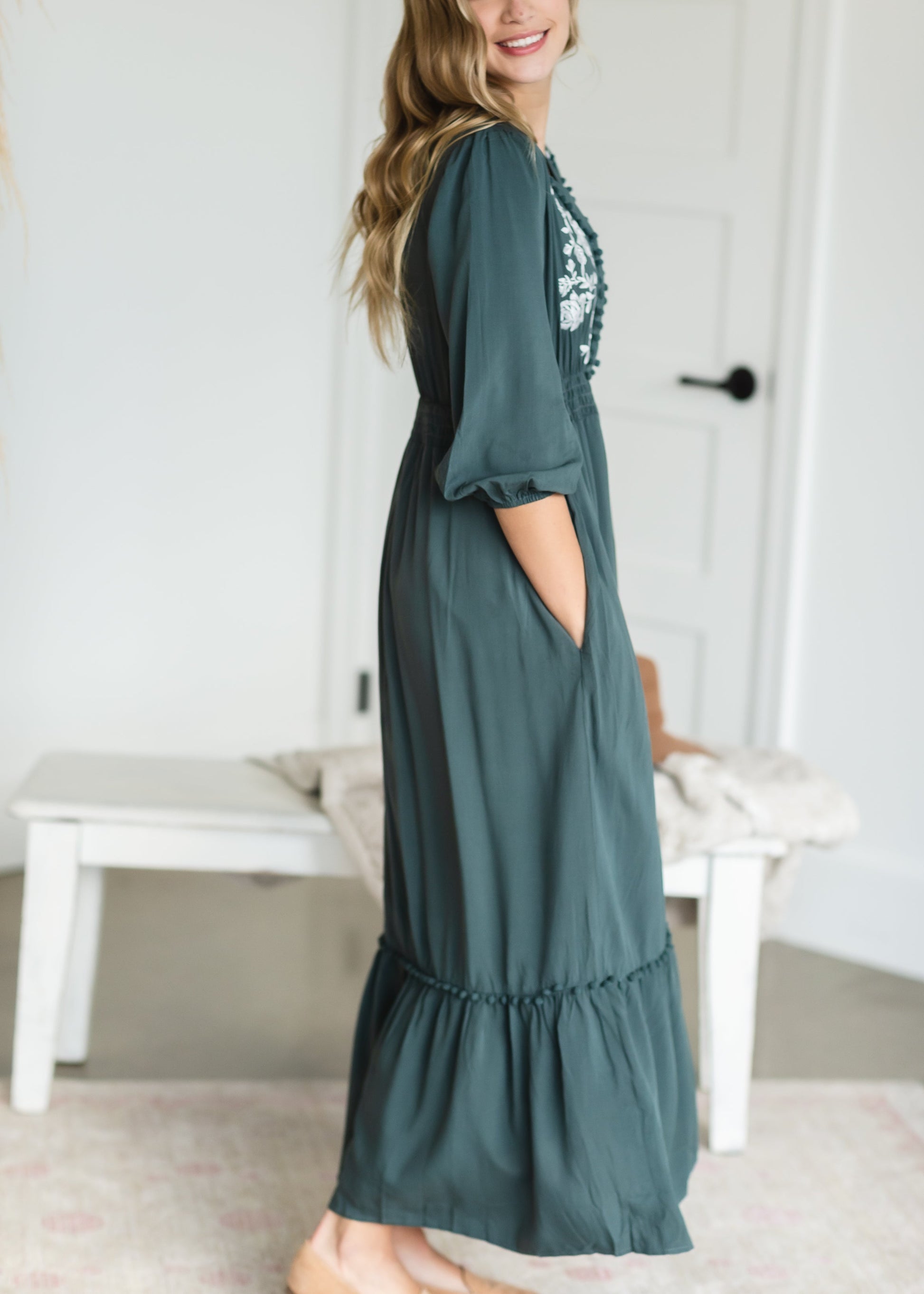 Teal Pom Pom Embroidered Maxi Dress Dresses