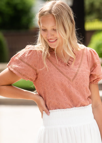 Terracotta Puff Short Sleeve Eyelet Top - FINAL SALE Tops