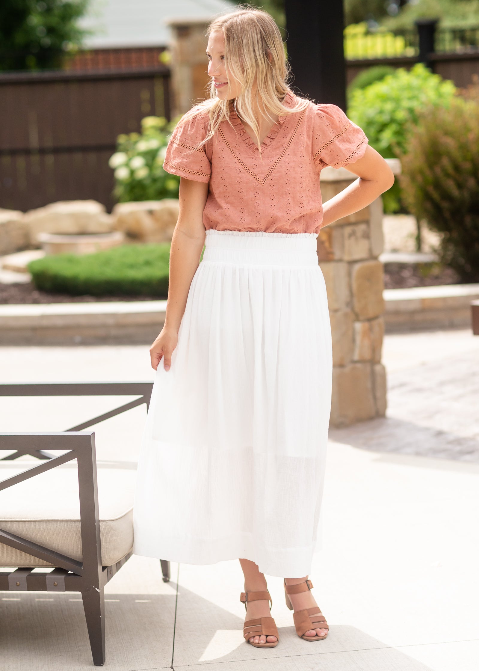 Terracotta Puff Short Sleeve Eyelet Top - FINAL SALE Tops