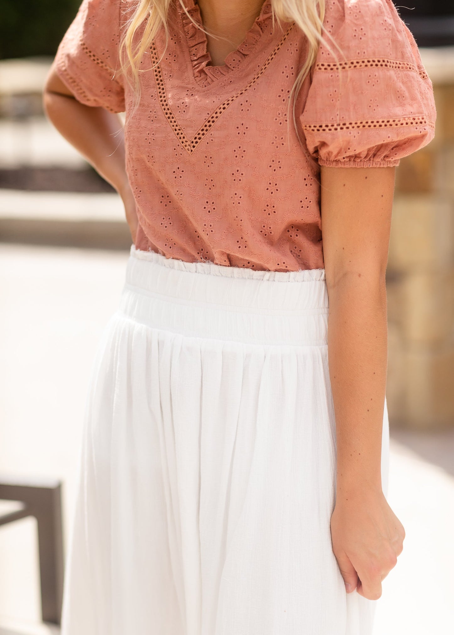 Terracotta Puff Short Sleeve Eyelet Top - FINAL SALE Tops