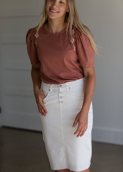 Terracotta Puff Sleeve Embroidered Top - FINAL SALE Tops