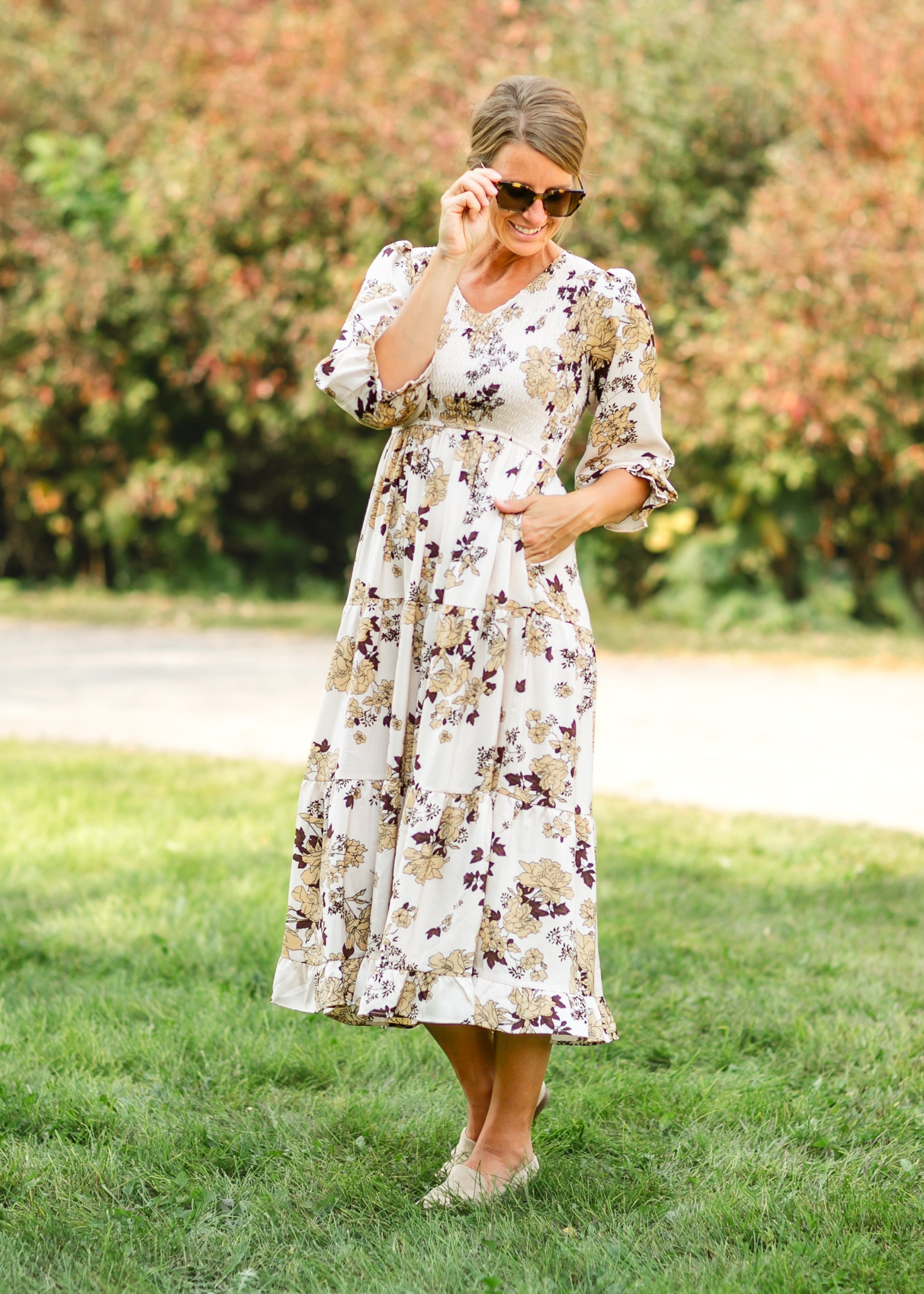 Textured Floral Smocked Bodice Midi Dress FF Dresses