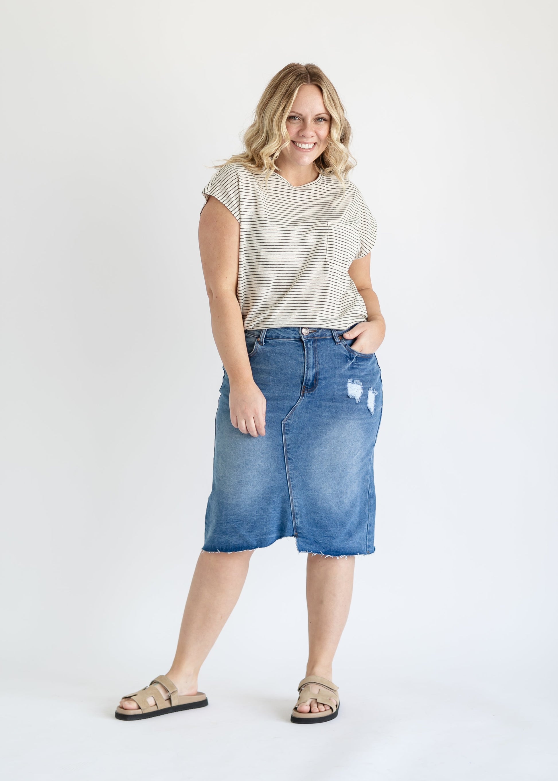 Tiana Distressed Denim Midi Skirt IC Skirts